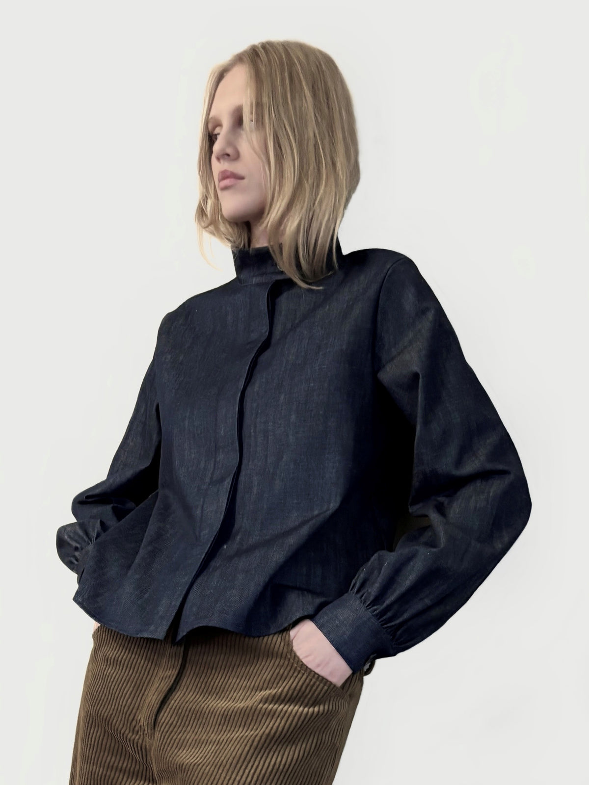 top puff sleeves in denim