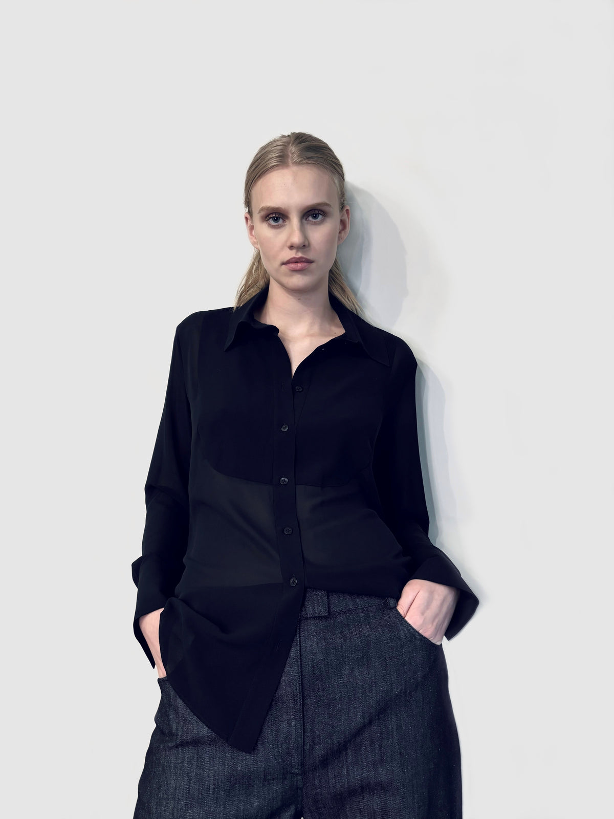 silk sheer blouse in blue graphite